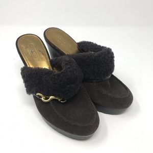 Coach Idyle Brown Suede Shearling Faux Fur Brass Trim  Mules Sz 7.5